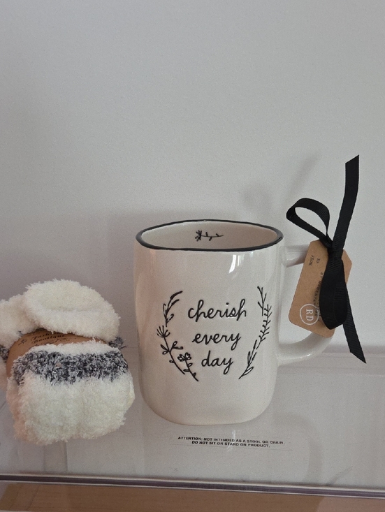Rae Dunn Other - Rae Dunn NWT coffee Mug,  Gift Tag with Black Ribbon & Cozy Socks